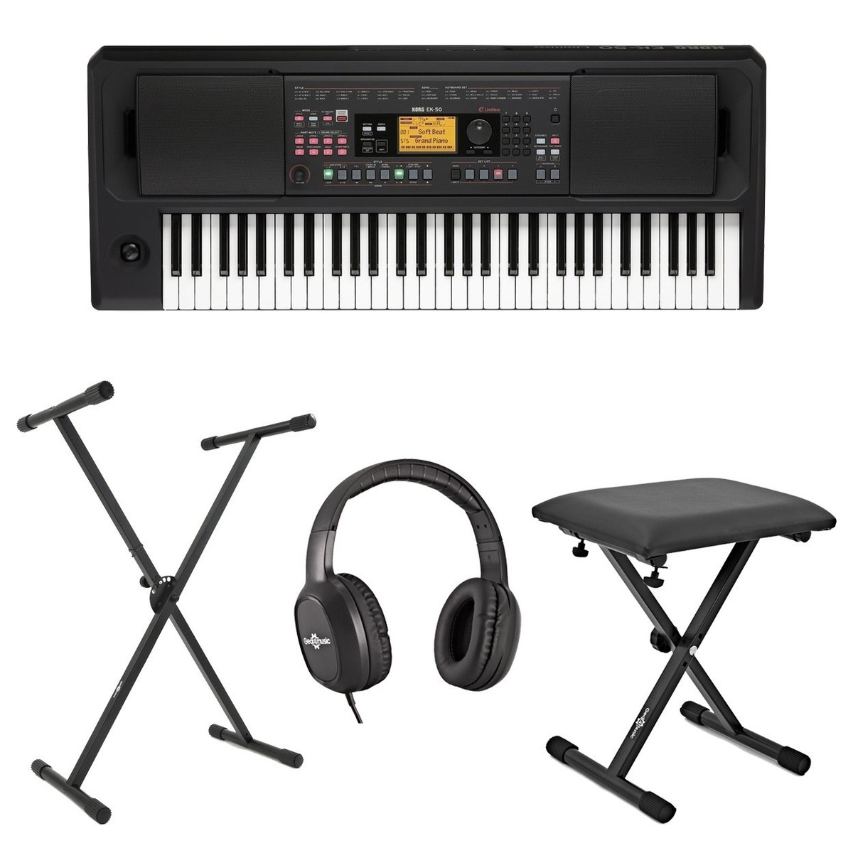 Korg EK-50 Entertainer-Keyboard im Paket mit X-Rahmen-Keyboardständer