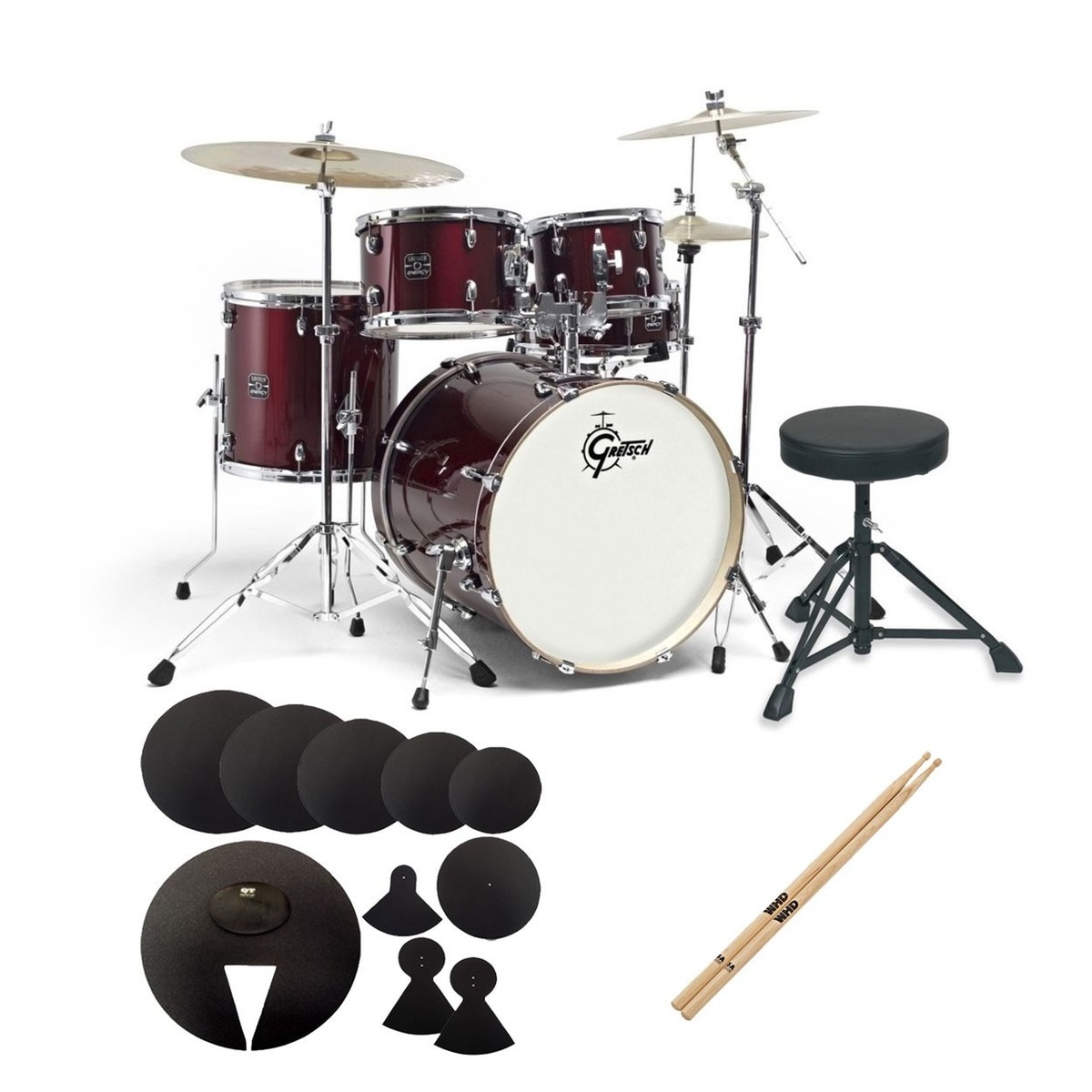Gretsch Energy 20'-Beginner-Schlagzeug im Set mit Pads und Drumsticks Wine Red
