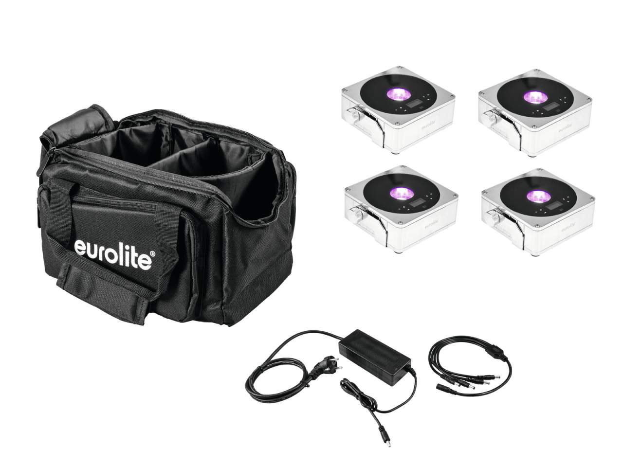 EUROLITE Set 4x AKKU IP Flat Light 1 chrom + Soft-Bag + Ladeger?t
