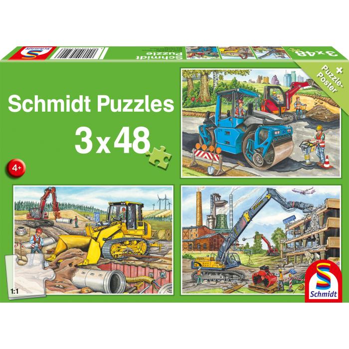 Schmidt Spiele - 3 Puzzles - Meine Liebsten Baustellenfahrzeuge - 48 Teile