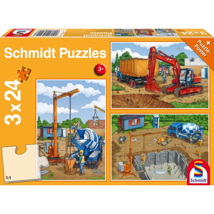 Schmidt Spiele - 3 Puzzles - Auf der Baustelle - 24 Teile