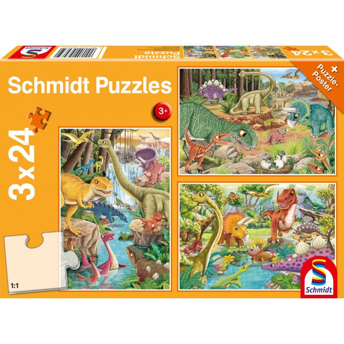 Schmidt Spiele - 3 Puzzles - Spaß mit Dinosauriern - 24 Teile
