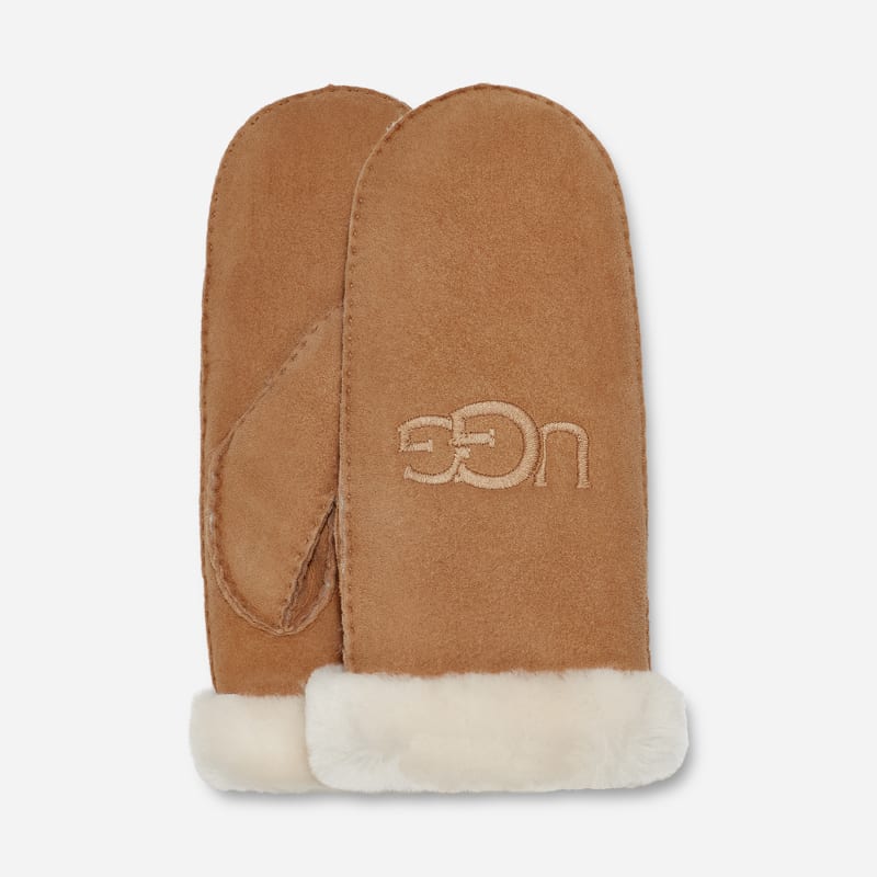 UGG® Shearling-Handschuhe mit Logostickerei für Damen | UGG® EU in Brown, Größe L/XL, Schaffell