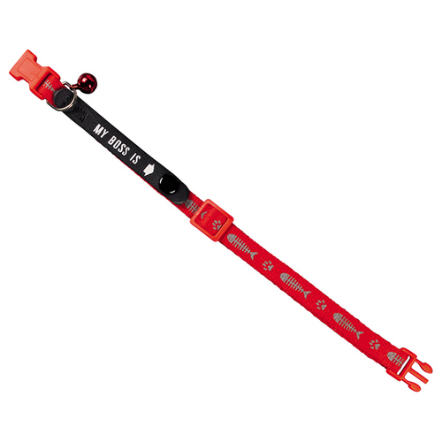 Nobby Adress-Katzenhalsband 'My Boss is' mit Fischgräten-Muster rot