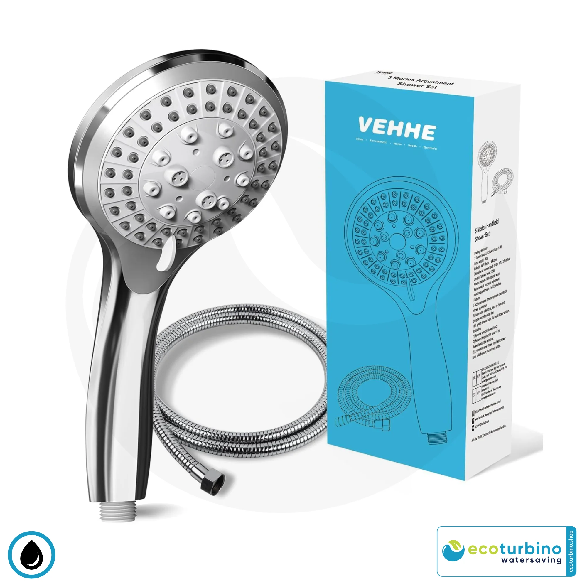 VEHHE Duschkopf mit 1,5m Edelstahlschlauch - Wassersparend mit Hochdruck | Nachhaltiges Wellness-Duschen 2025 | Funktion getestet mit ecoturbino & 80% bestanden