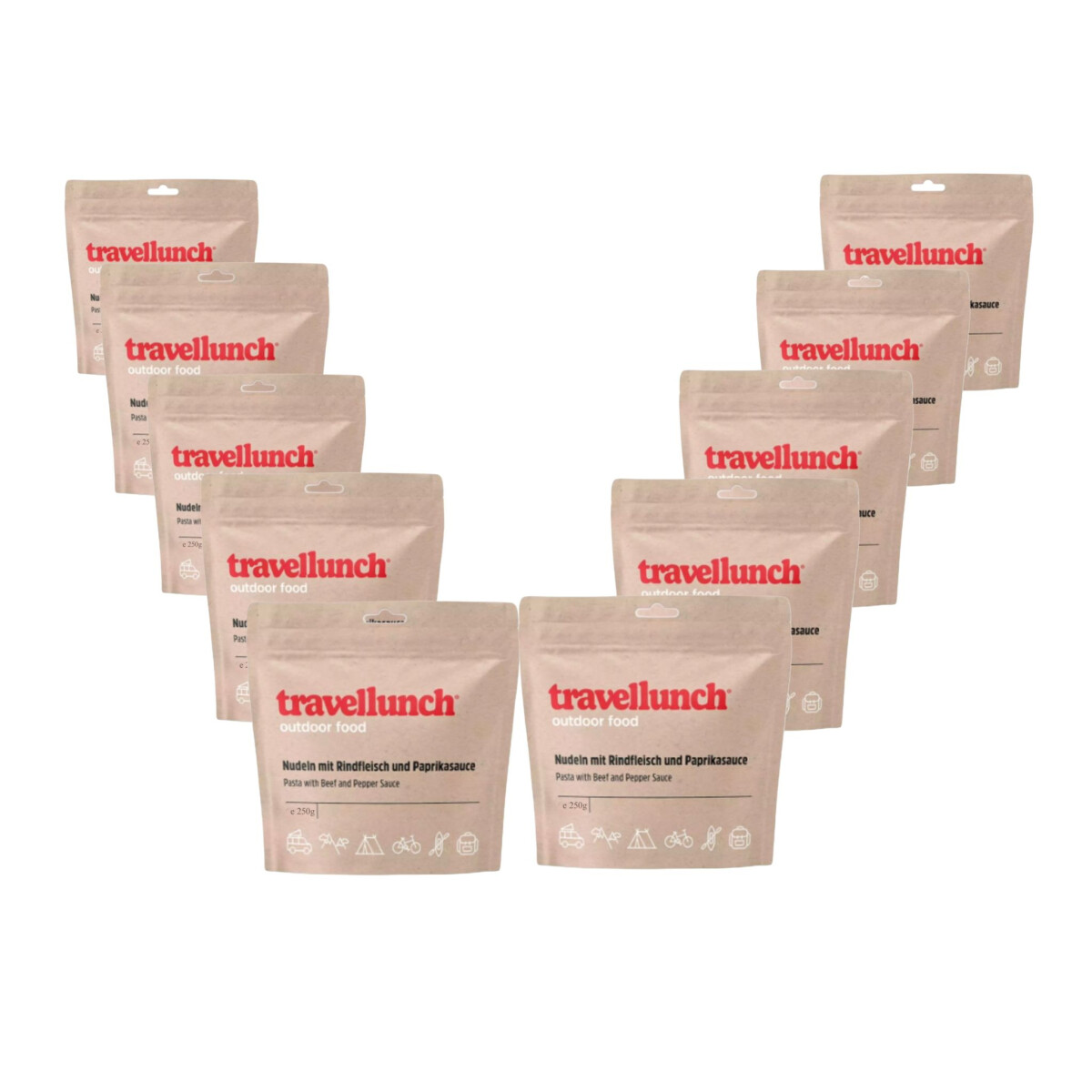 10 x 250 g Travellunch Hauptgericht Nudeln mit Rindfleisch und Paprikasauce