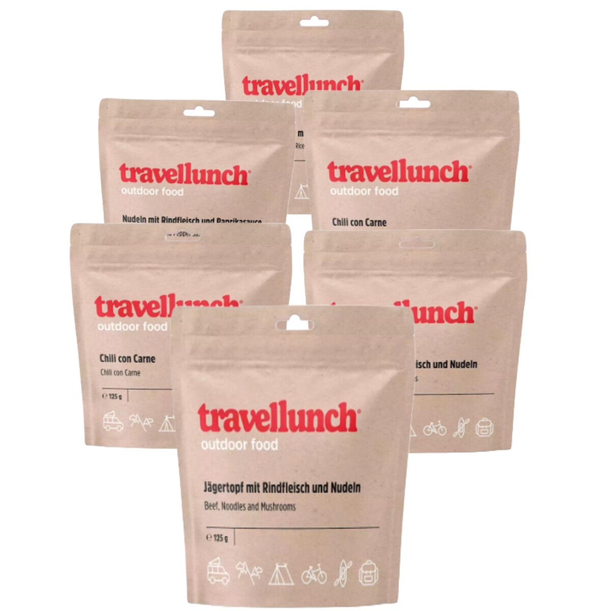 6 x 125 g Travellunch Mahlzeiten mit Fleisch, Trockennahrung