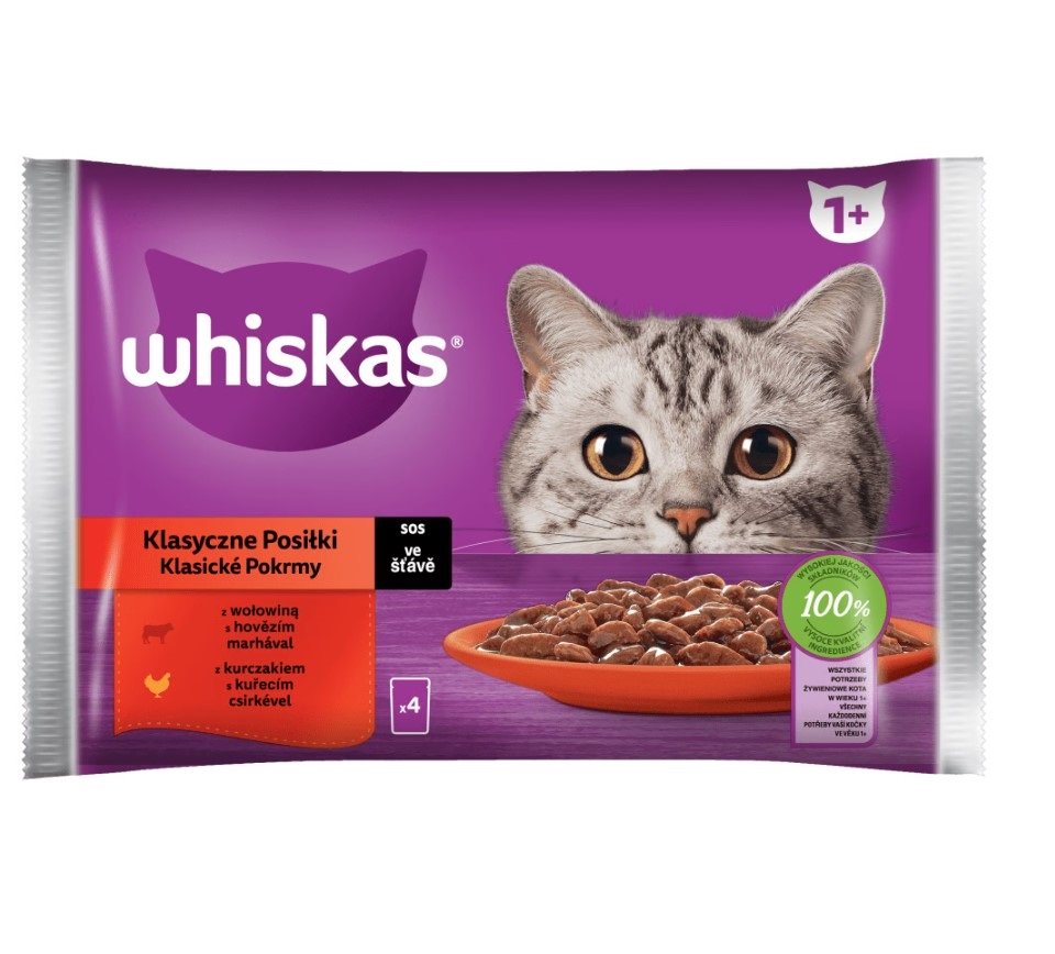 WHISKAS Adult Classic Meals 4x85g: Nassfutter für adulte Katzen mit Rindfleisch und Huhn in Sauce.