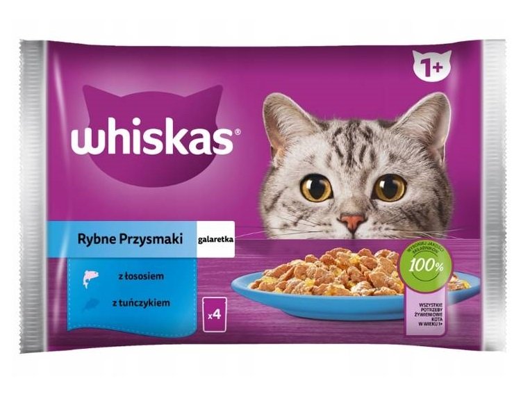 WHISKAS Adult Multipack Fisch 4x85g: Nassfutter für adulte Katzen mit Lachs und Thunfisch in Gelee