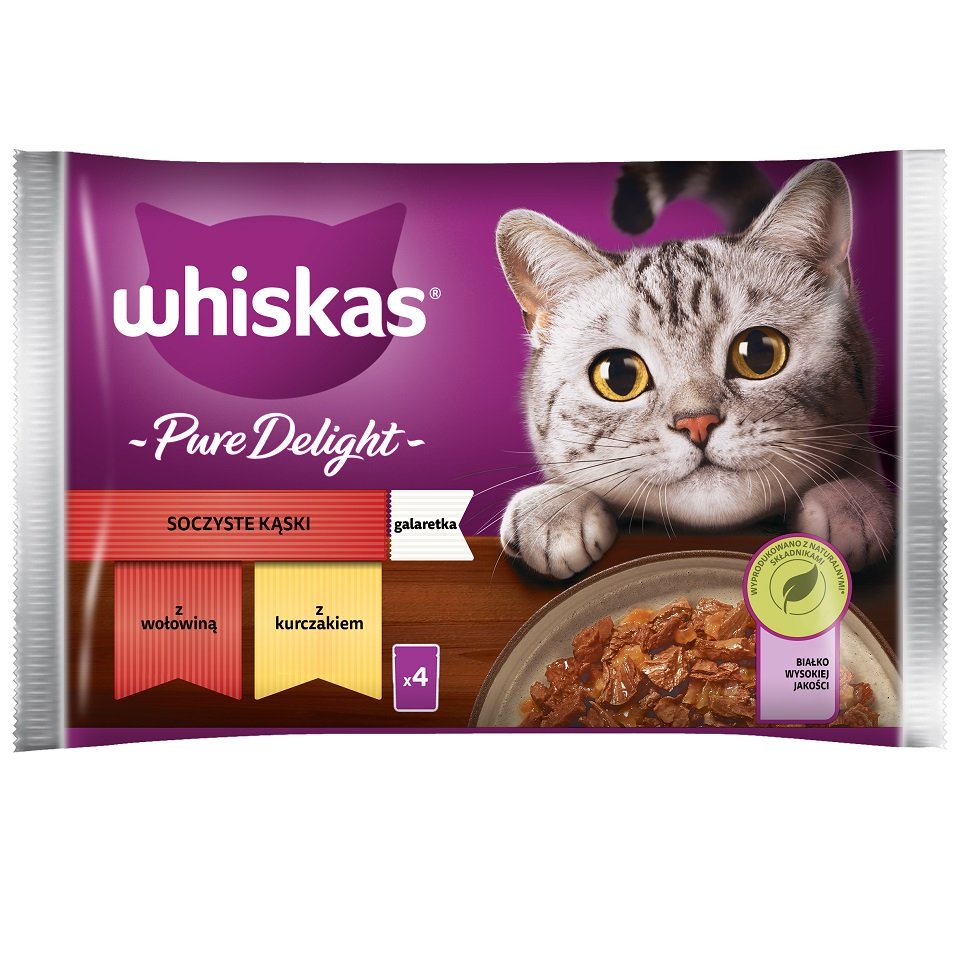 WHISKAS Adult 4x85g: Nassfutter für Katzen mit Rindfleisch und Huhn