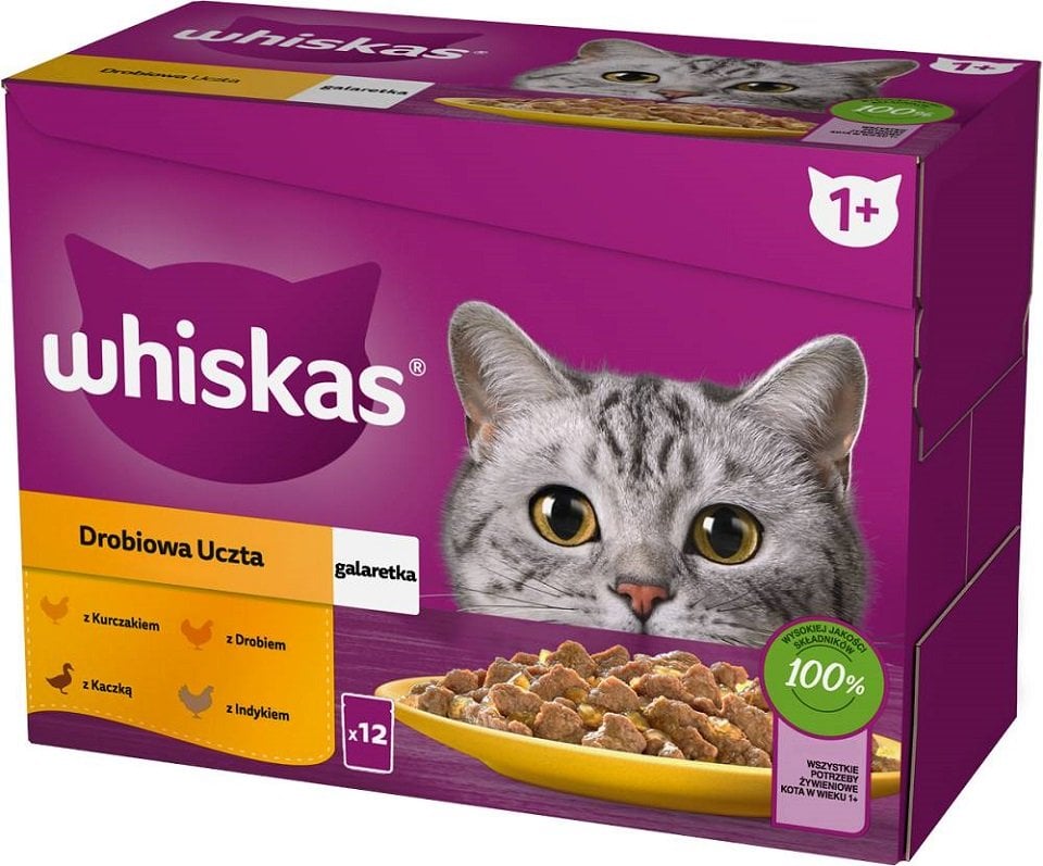 WHISKAS Adult 12x85g: Nassfutter für adulte Katzen mit Huhn, Ente, Geflügel und Pute in Gelee