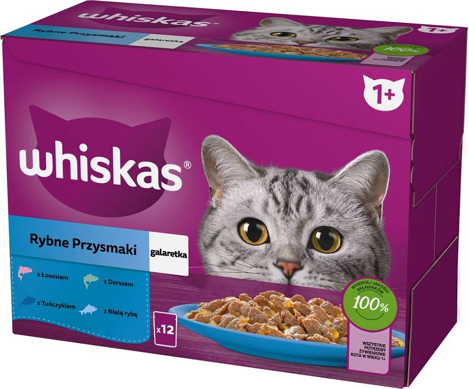 WHISKAS Adult 12x85g: Nassfutter für adulte Katzen mit Lachs, Thunfisch, Kabeljau, und weißen Fischen in Gelee