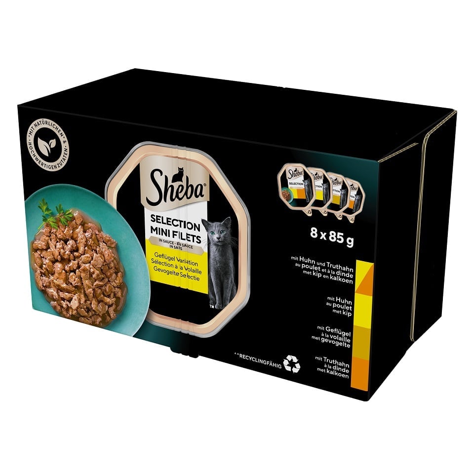 SHEBA Selection 8x85 g Nassfutter mit Huhn und Truthahn, Huhn, Geflügel, Truthahn in Soße für adulte Katzen