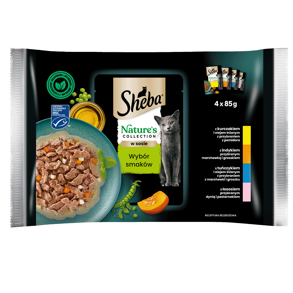 SHEBA Nature’s Collection 4x85g Nassfutter mit Huhn, Truthahn, Thunfisch, Lachs in Soße für adulte Katzen