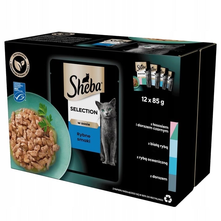 SHEBA Selection Fisch Geschmacks in Soße 12x85g Nassfutter mit Lachs und schwarzem Kabeljau, Weißfisch, Meeresfisch, Kabeljau für Katzen