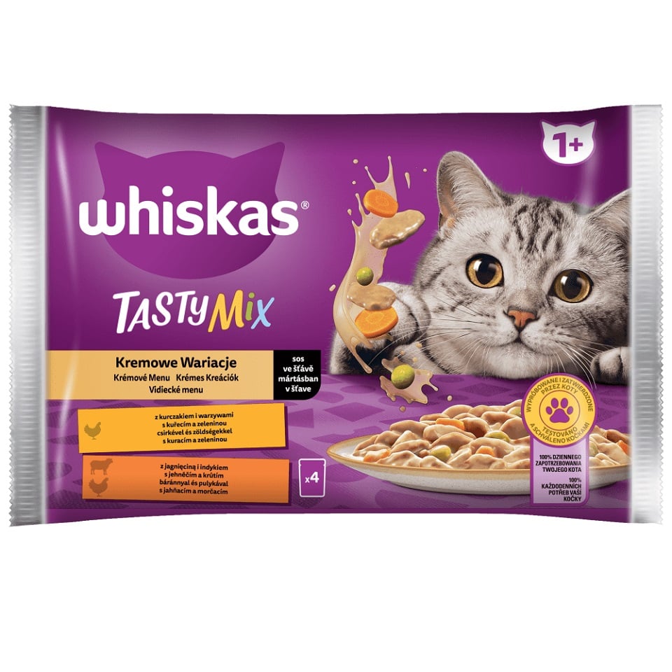 WHISKAS Adult Creamy Variations 4x85g: Nassfutter für adulte Katzen mit Huhn und Gemüse, Lamm und Pute in Sauce