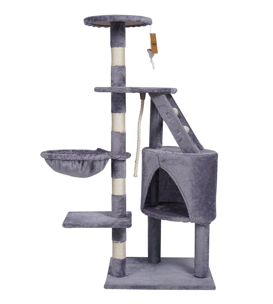 KATIDO Hoher Katzenkratzbaum mit Zwinger und Hängematte 118 cm grau-blau