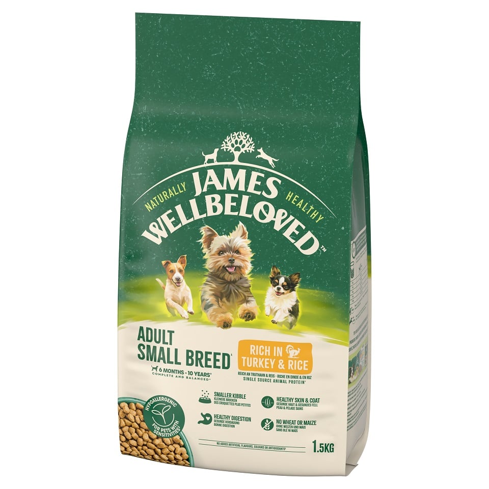 JAMES WELLBELOVED Adult 1,5 kg Trockenvollnahrung für ausgewachsene Hunde kleiner Rassen von 6 Monaten bis 10 Jahren, reich an Pute und Reis