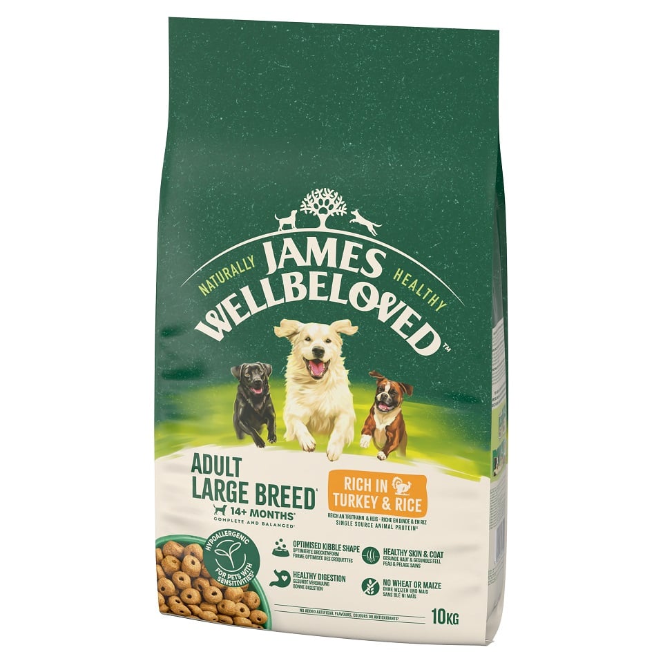JAMES WELLBELOVED Adult 10 kg Trockenvollnahrung für ausgewachsene Hunde großer Rassen von 14 Monaten bis 10 Jahren mit Putenfleisch und Reis