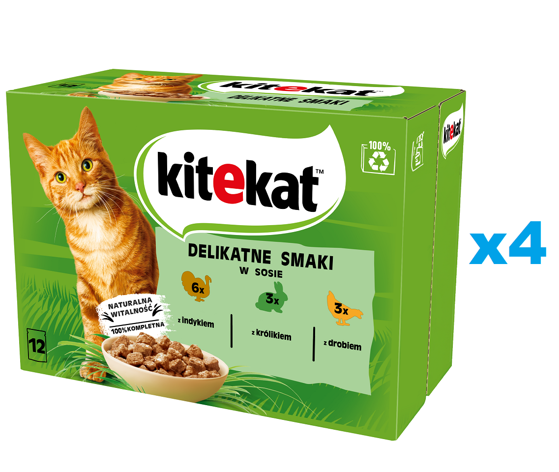 KITEKAT 48x85 g Vollwertiges Nassfutter in Sauce für ausgewachsene Katzen mit Pute, Kaninchen und Geflügel.