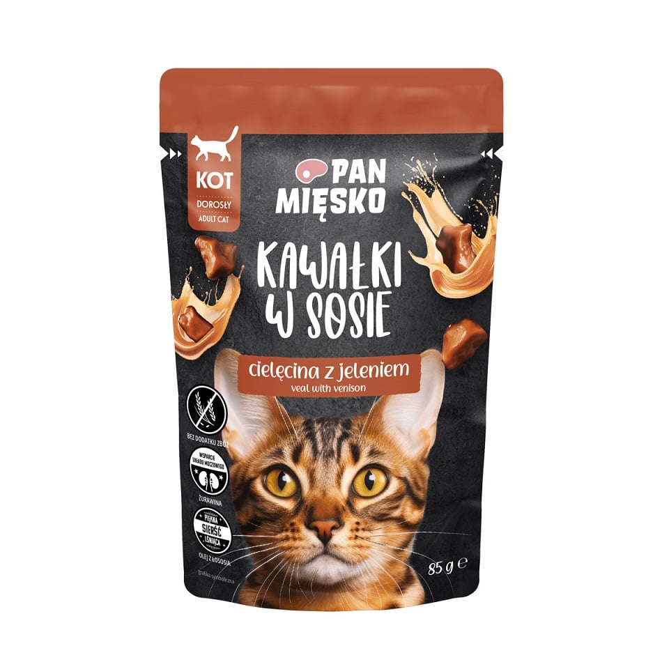 PAN MIĘSKO Nassfutter mit Kalb und Hirsch in Soße für adulte Katzen getreidefrei 85 g