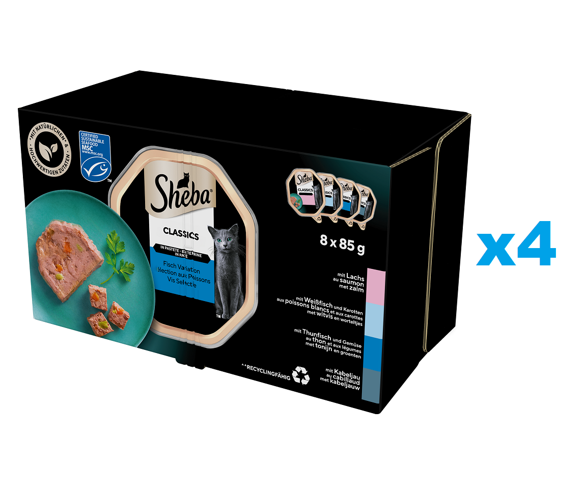 SHEBA Classics 32x85 g Nassfutter mit Lachs, Weißfisch und Karotte, Thunfisch und Gemüse für adulte Katzen in Terrine