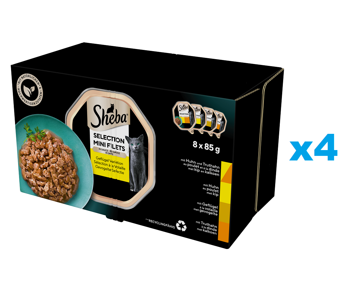 SHEBA Selection 32x85 g Nassfutter mit Huhn und Truthahn, Huhn, Geflügel, Truthahn in Soße für adulte Katzen