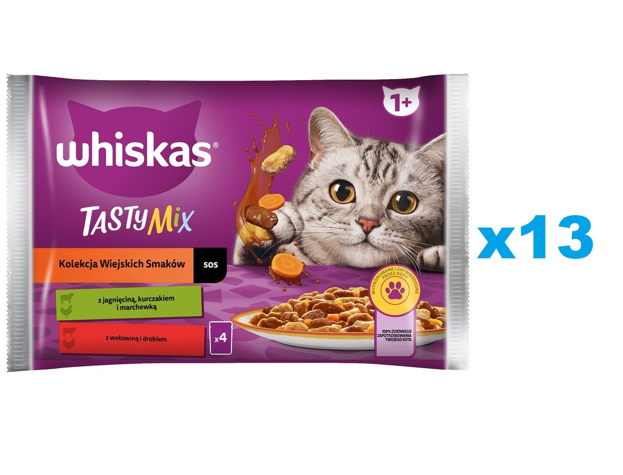 WHISKAS Adult 52x85g: Nassfutter für Katzen mit Lamm, Huhn und Karotten, Rind und Geflügel in Sauce