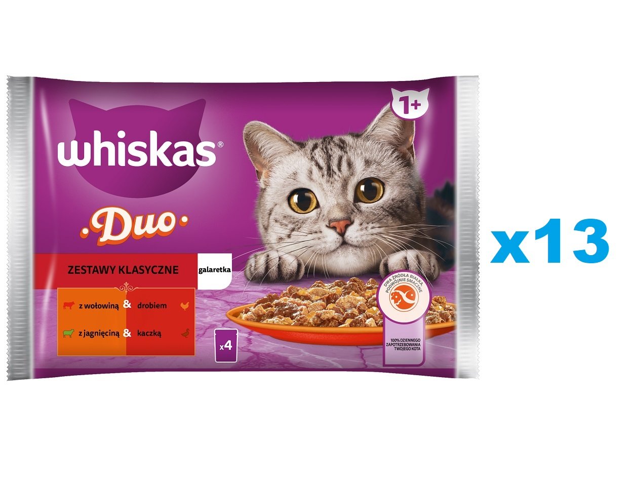 WHISKAS Adult Classic 52x85g: Nassfutter für Katzen mit Rind, Geflügel, Lamm und Ente in Gelee