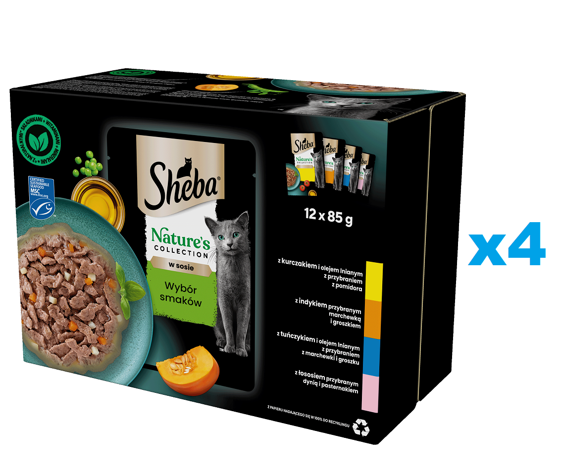 SHEBA Nature’s Collection 48x85 g: Nassfutter mit Huhn, Truthahn, Thunfisch und Lachs für Katzen
