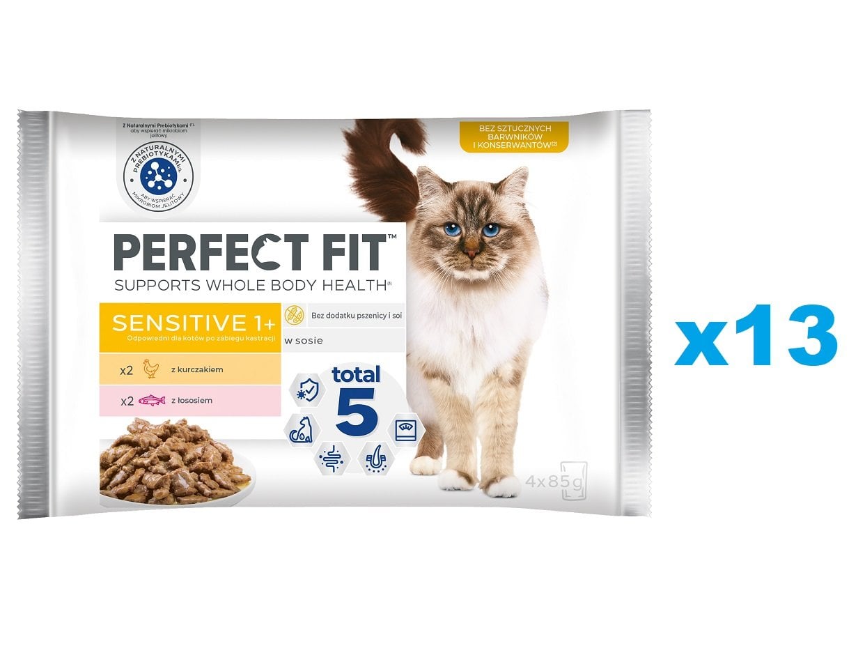 PERFECT FIT Sensitive 1+ 52x85 g : Nassfutter mit Huhn, Lachs für adulte Katzen in Soße