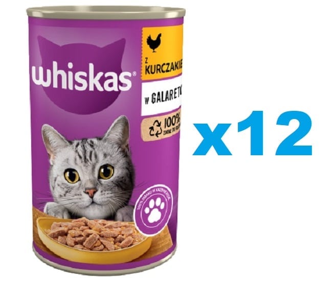 WHISKAS Adult 12x400 g - Nassfutter für adulte Katzen Huhn in Gelee