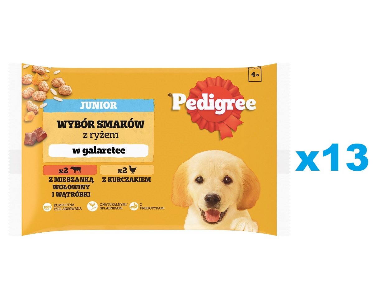 PEDIGREE Junior Mix 52x100g: Nassfutter für Welpen in Stückchen mit einer Mischung aus Rindfleisch, Leber und Reis, und mit Huhn und Reis, in Gelee