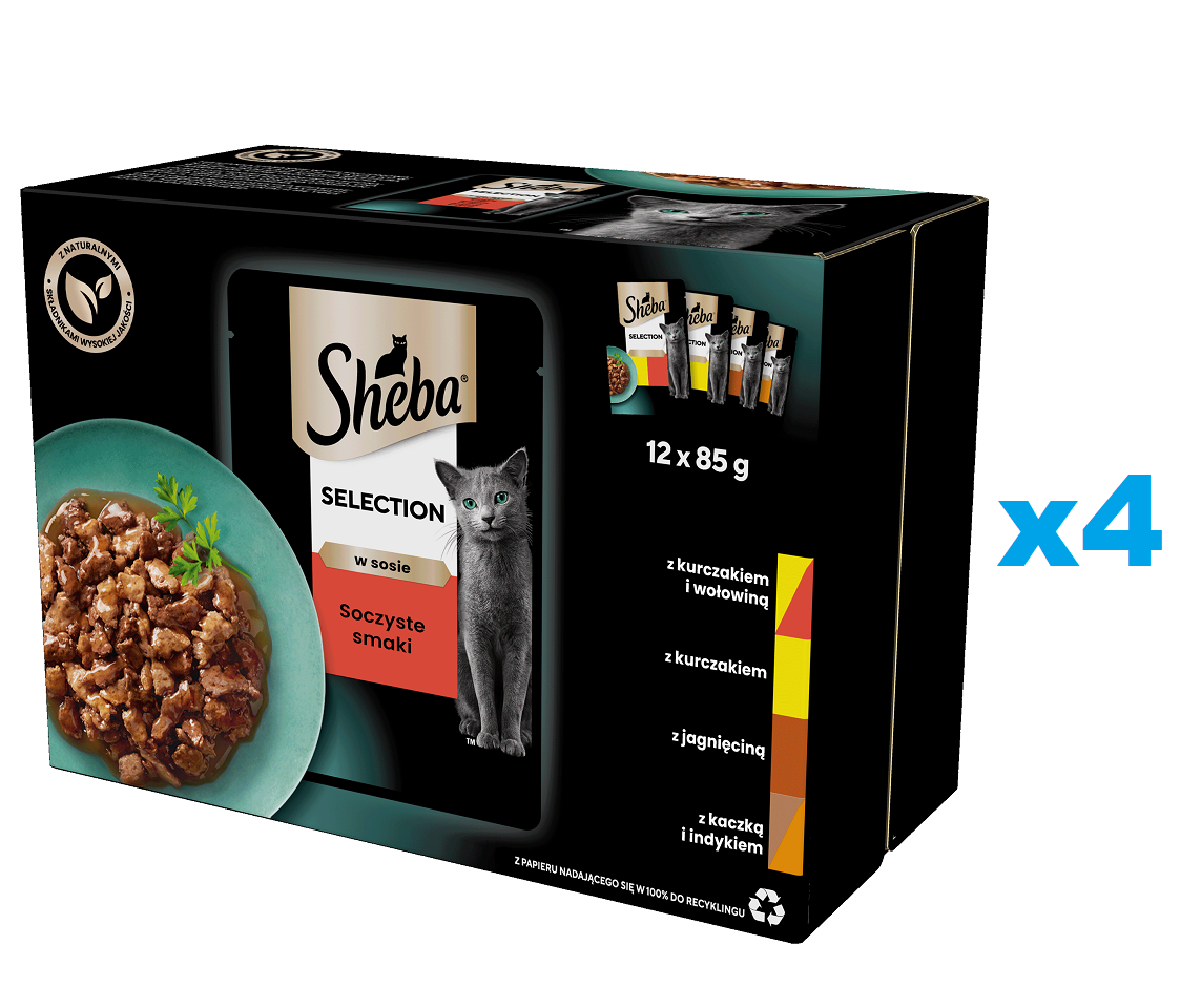 SHEBA Selection 48x85 g Nassfutter für adulte Katzen mit Huhn und Rind, Huhn, Lamm, Ente und Truthahn in Soße