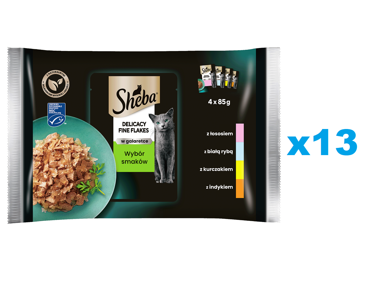 SHEBA Delicacy Fine Flakes 52x85 g Nassfutter mit Lachs, Weißfisch, Huhn, Truthahn in Gelee für adulte Katzen