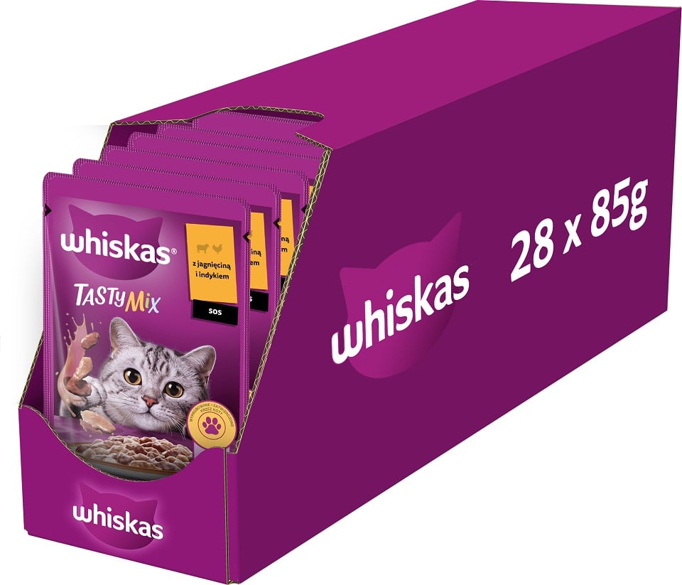 WHISKAS Adult 28x85g: Nassfutter für adulte Katzen mit Lamm und Pute in Sauce