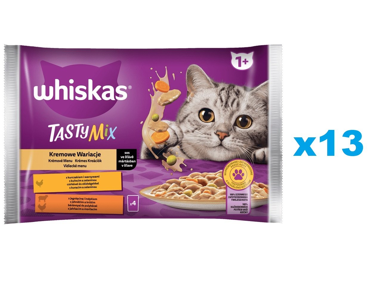 WHISKAS Adult Creamy Variations 52x85g: Nassfutter für adulte Katzen mit Huhn und Gemüse, Lamm und Pute in Sauce