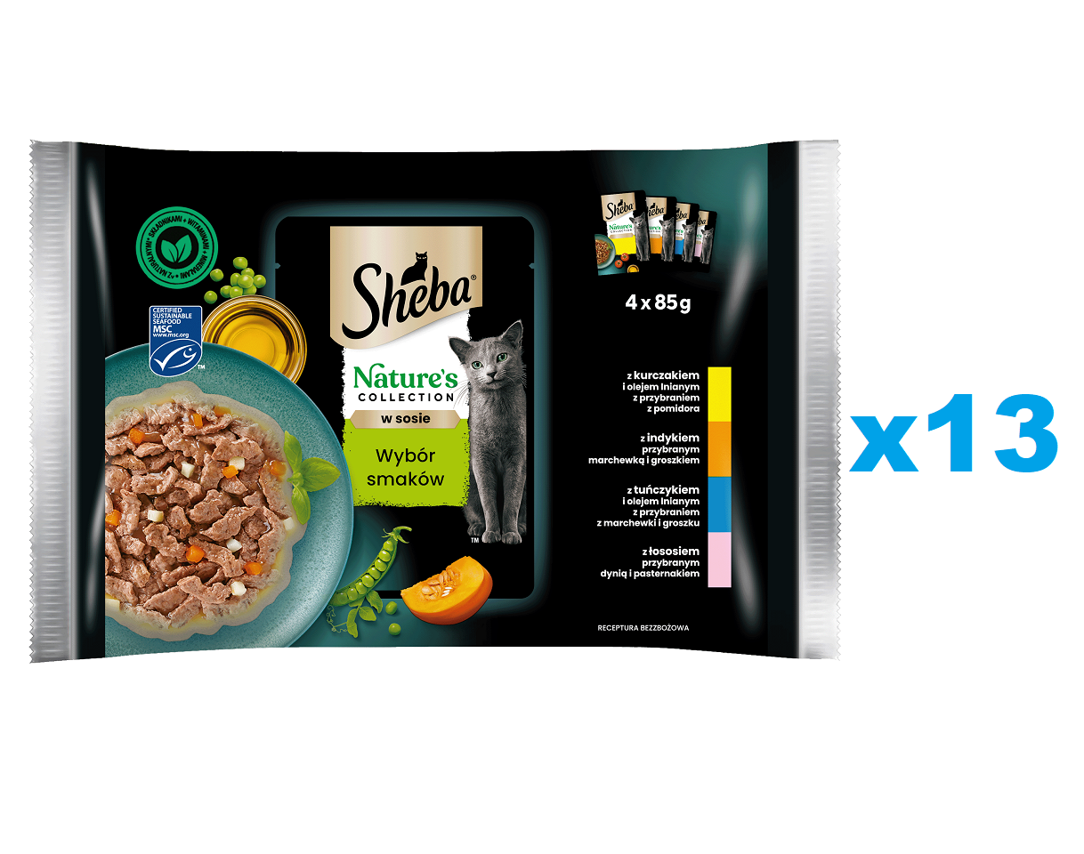 SHEBA Nature’s Collection 52x85 g: Nassfutter mit Huhn, Truthahn, Thunfisch, Lachs in Soße für adulte Katzen