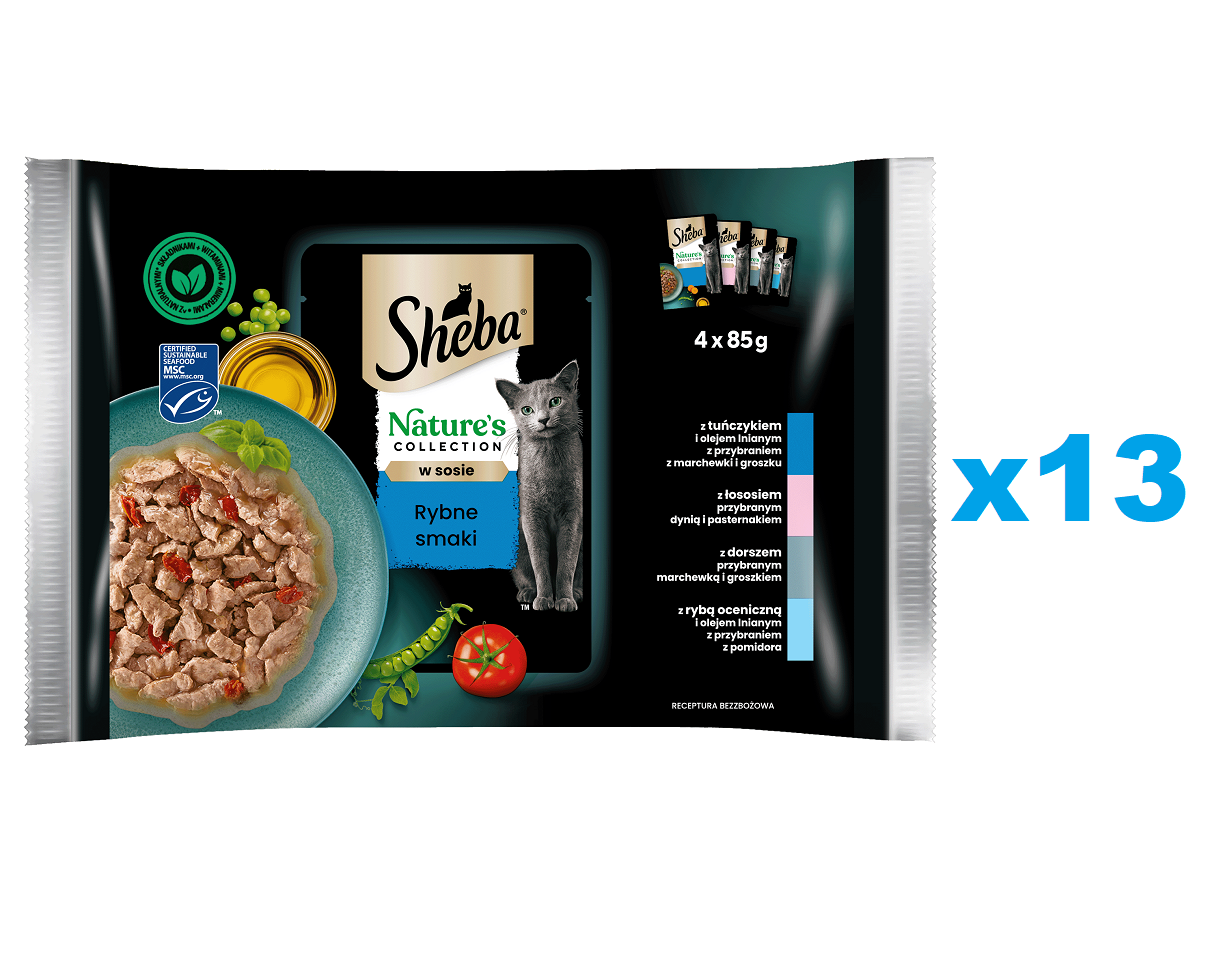 SHEBA Nature’s Collection 52x85 g Nassfutter mit Thunfisch, Lachs, Kabeljau für adulte Katzen