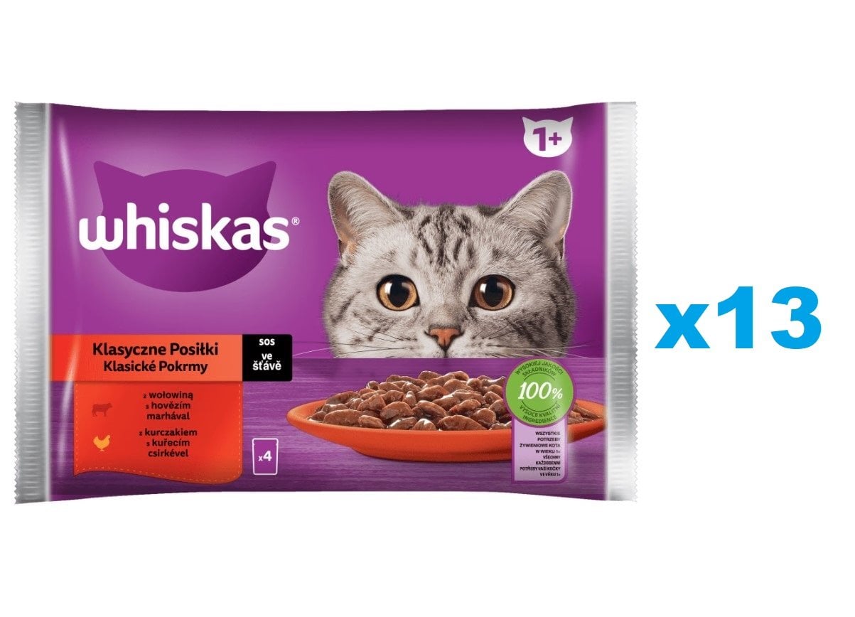 WHISKAS Adult Classic Meals 52x85g: Nassfutter für adulte Katzen mit Rindfleisch und Huhn in Sauce.