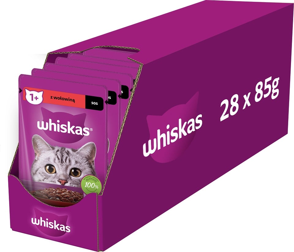 WHISKAS Adult 28x85g: Nassfutter für adulte Katzen mit Rindfleisch in Sauce