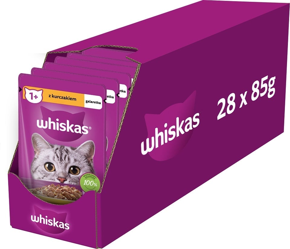 WHISKAS Adult 28x85g: Nassfutter für adulte Katzen mit Huhn in Gelee