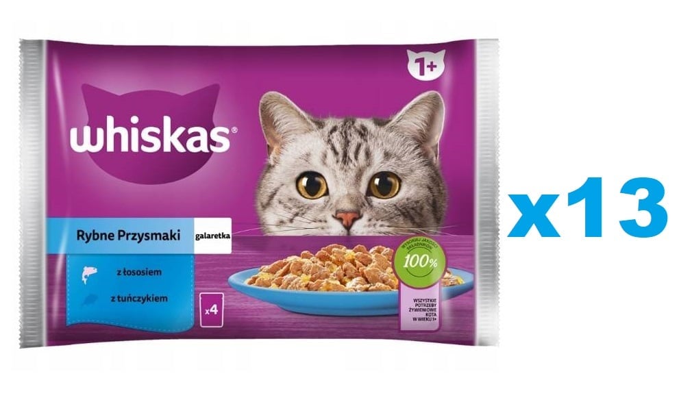 WHISKAS Adult Multipack Fisch 52x85g: Nassfutter für adulte Katzen mit Lachs und Thunfisch in Gelee