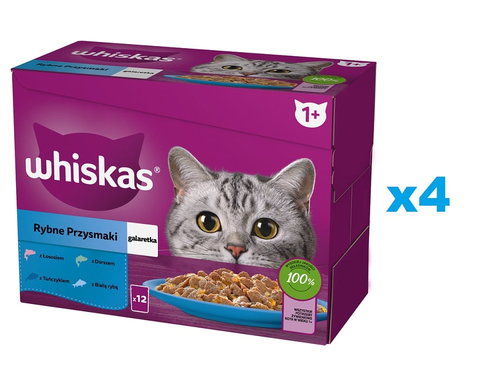 WHISKAS Adult 48x85g: Nassfutter für adulte Katzen mit Lachs, Thunfisch, Kabeljau, und weißen Fischen in Gelee