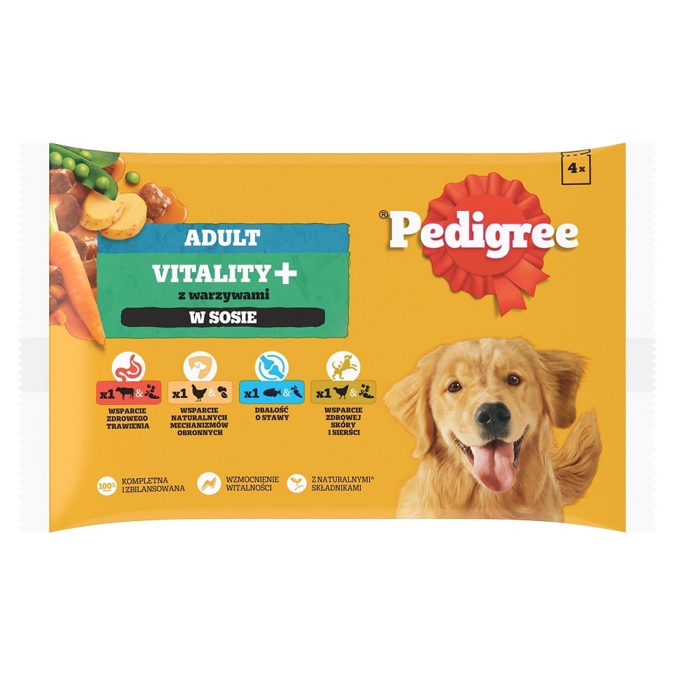 PEDIGREE Adult Vitality+ mit Gemüse 4x85 g Nassfutter für ausgewachsene Hunde mit Rindfleisch und Leber, Huhn und Kartoffeln, Fisch und Karotten, Geflügel in Sauce