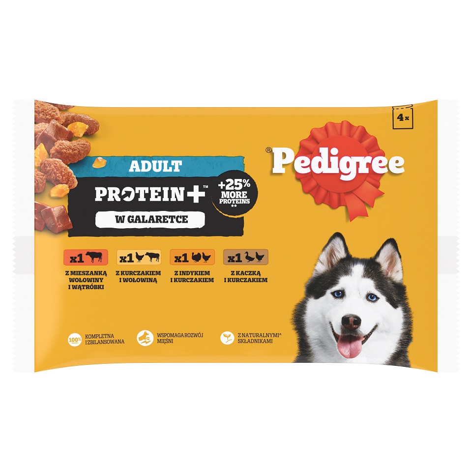 PEDIGREE Adult Protein+ 4x85 g Nassfutter für ausgewachsene Hunde gemischte Geschmacksrichtungen in Gelee