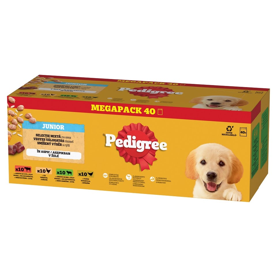 PEDIGREE Junior Choice of Flavours mit Reis 40x100 g Nassfutterstücke für Welpen mit Rindfleischmischung, mit Huhn und Reis, mit Lamm und Lebermischung und Reis, mit Geflügel und Reis in Gelee