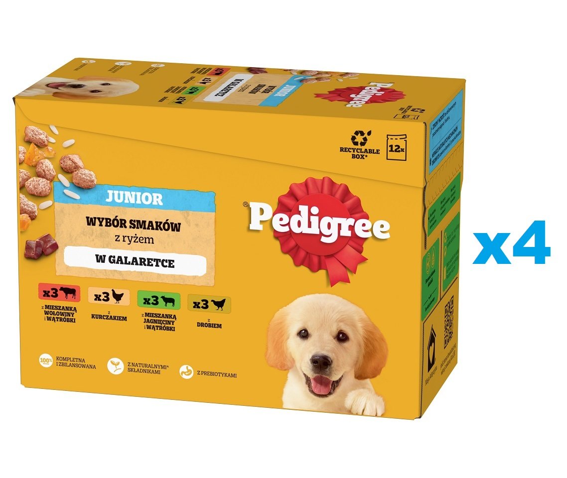 PEDIGREE Junior Mix Beutel 48x100g: Nassfutter für Welpen mit einer Mischung aus Rindfleisch, Leber und Reis, mit Huhn und Reis, mit Lammfleisch, Leber und Reis, mit Geflügel und Reis, in Gelee