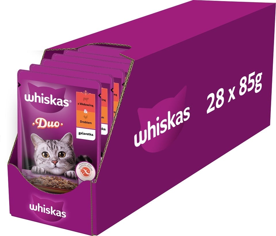 WHISKAS Adult 28x85g: Nassfutter für adulte Katzen mit Rindfleisch und Geflügel in Gelee