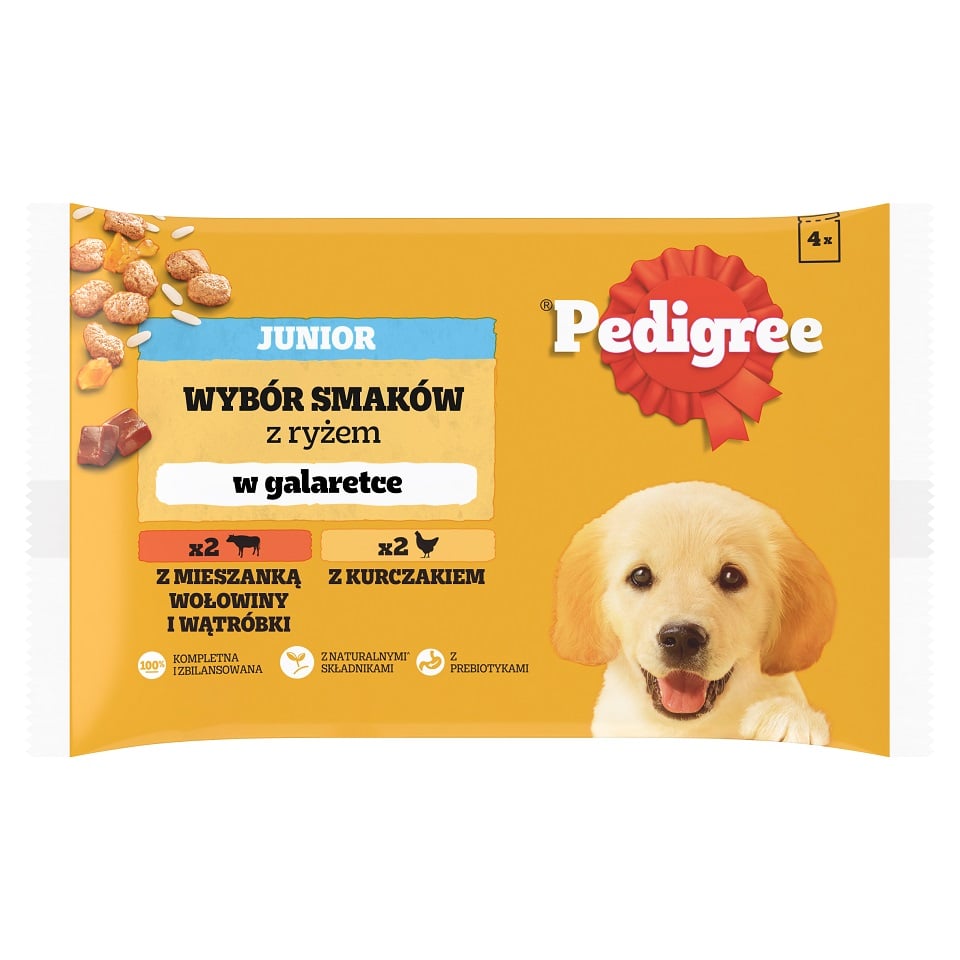 PEDIGREE Junior Mix 4x100g: Nassfutter für Welpen in Stückchen mit einer Mischung aus Rindfleisch, Leber und Reis, und mit Huhn und Reis, in Gelee